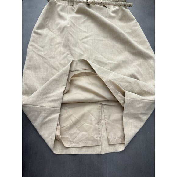 Calvin Klein Pencil Dress Beige Ruffles Sleeveless Gold Belted Preppy Corpcore 4 - Picture 6 of 10